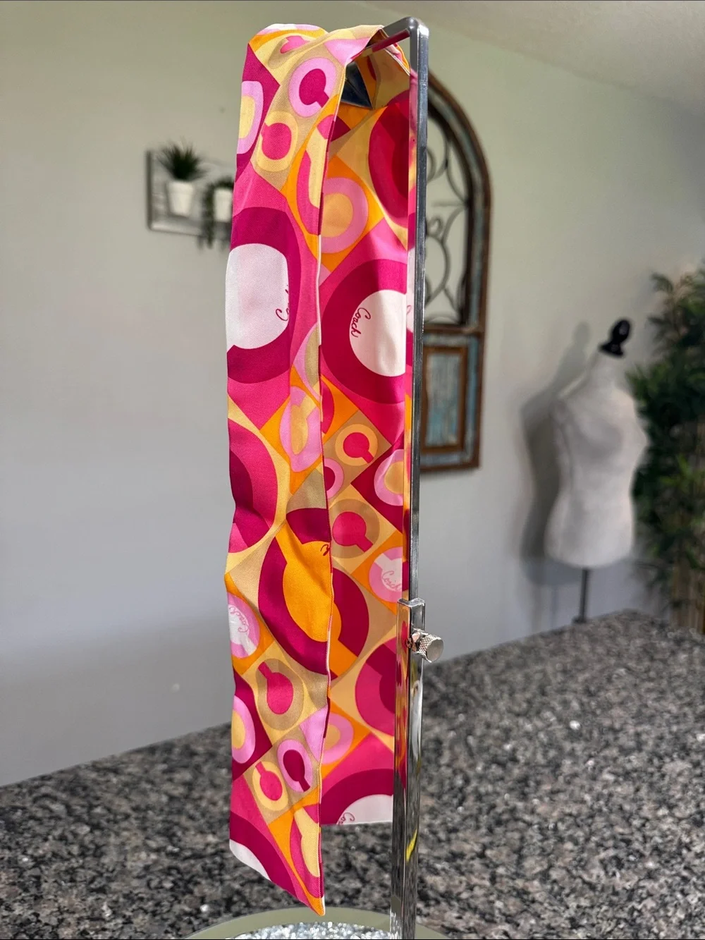Coach silk twilly scarf Pink, Yellow & Orange Graphic Signature Scarf EUC
